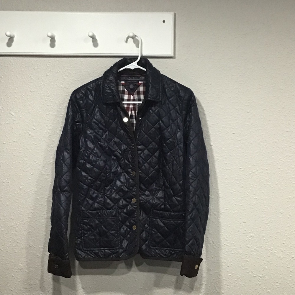 Tommy Hilfiger Navy Quilted Barn Jacket Womens S Corduroy Trim Chore Coat Preppy - Picture 1 of 8